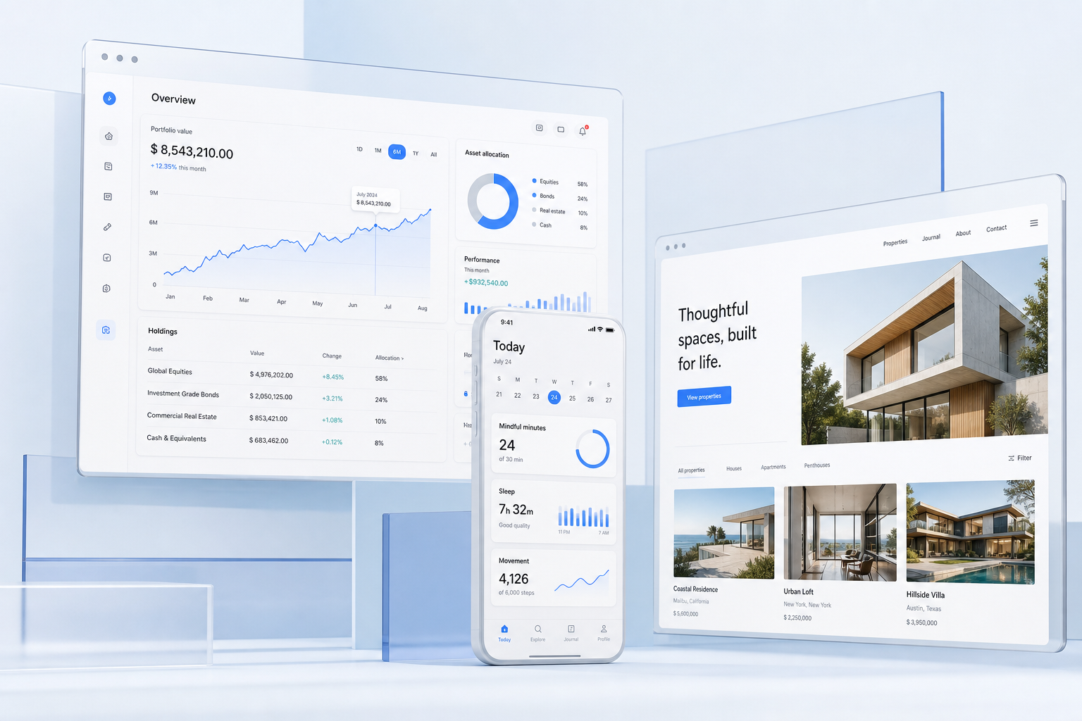 A collection of polished finance, wellness and property digital interfaces